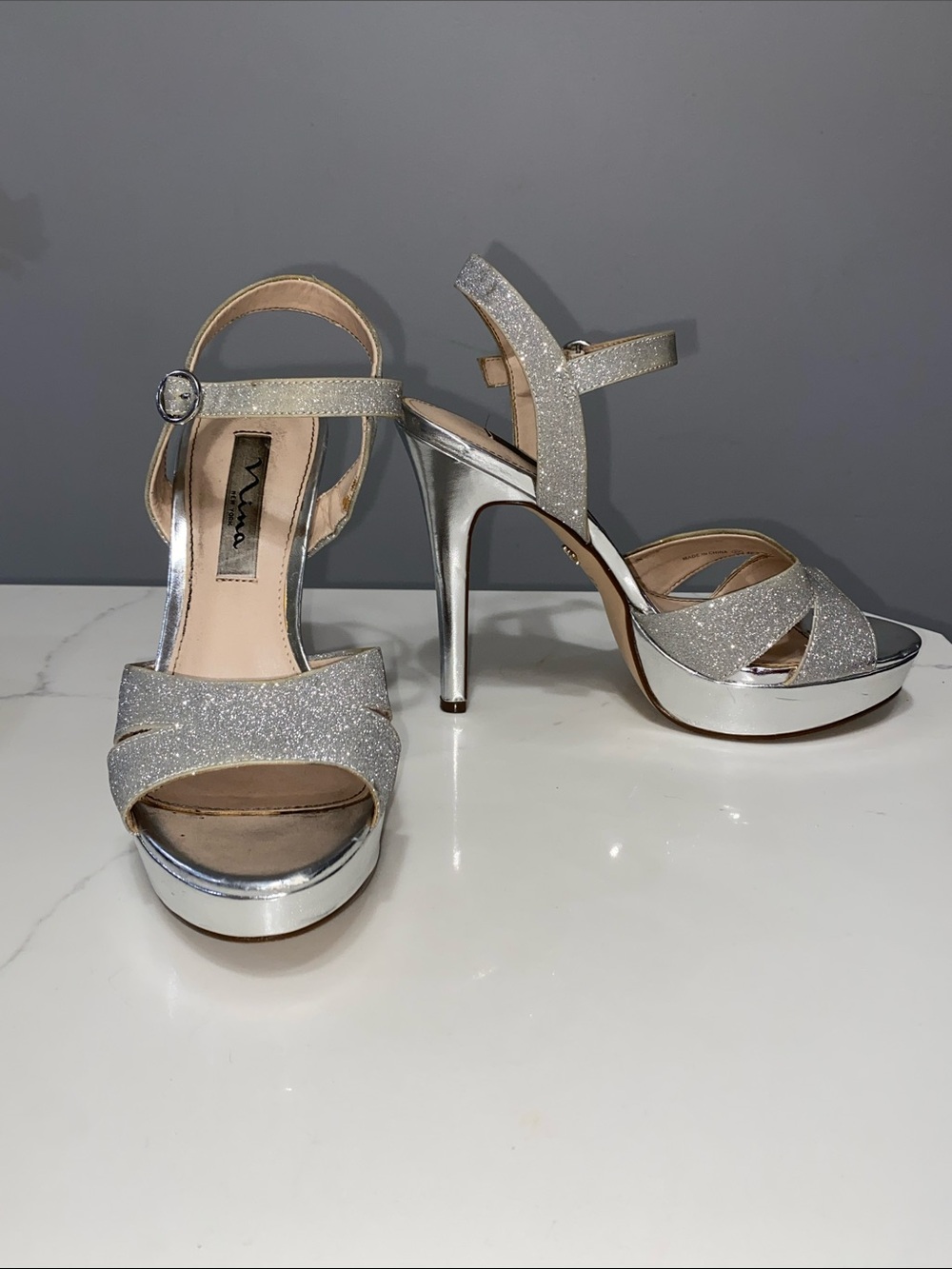 Nina Silver Glitter Party Prom Evening Platform Heels with Ankle Strap Size 7